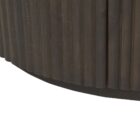 Dark fluted wood sideboard with rounded corners and brass handles.