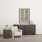 Dark fluted wood sideboard with rounded corners and brass handles.