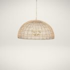 Large dome-shaped chandelier featuring a woven rattan-style metal frame with gold finish and inner candelabra-style bulbs.
