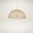Large dome-shaped chandelier featuring a woven rattan-style metal frame with gold finish and inner candelabra-style bulbs.