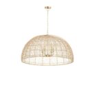Large dome-shaped chandelier featuring a woven rattan-style metal frame with gold finish and inner candelabra-style bulbs.