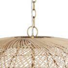 Large dome-shaped chandelier featuring a woven rattan-style metal frame with gold finish and inner candelabra-style bulbs.
