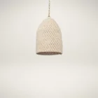 Mercana Tosha pendant light featuring a handwoven cream dome shade suspended from a gold chain.