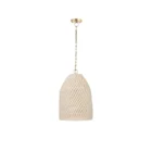 Mercana Tosha pendant light featuring a handwoven cream dome shade suspended from a gold chain.