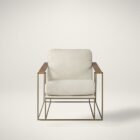 Mercana Watson accent chair featuring a modern metal frame with white boucle upholstery and wood armrests.