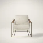 Mercana Watson accent chair featuring a modern metal frame with white boucle upholstery and wood armrests.