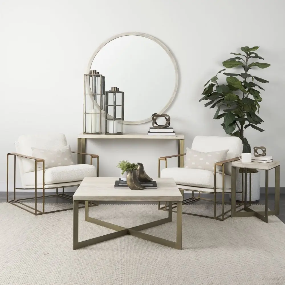 Mercana Watson accent chair featuring a modern metal frame with white boucle upholstery and wood armrests.