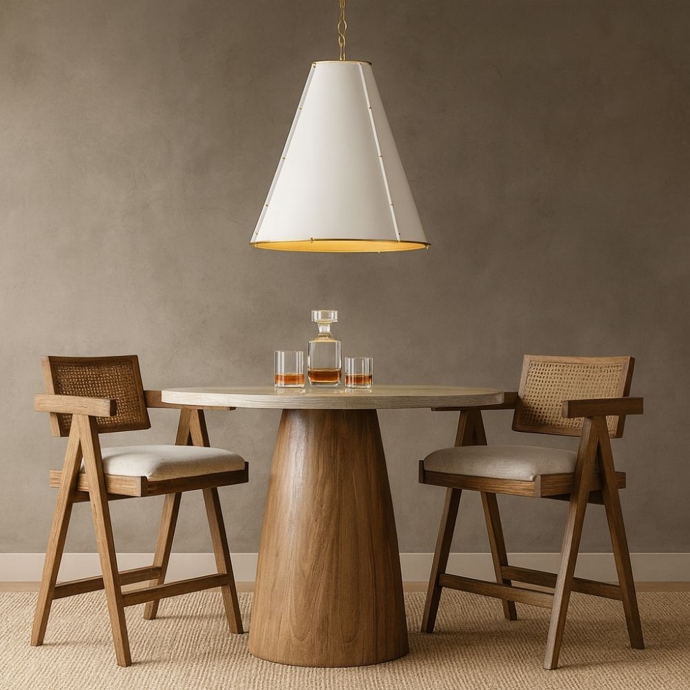 Regina Andrew French Maid Chandelier Large in white with oversized conical shade and brass accents.