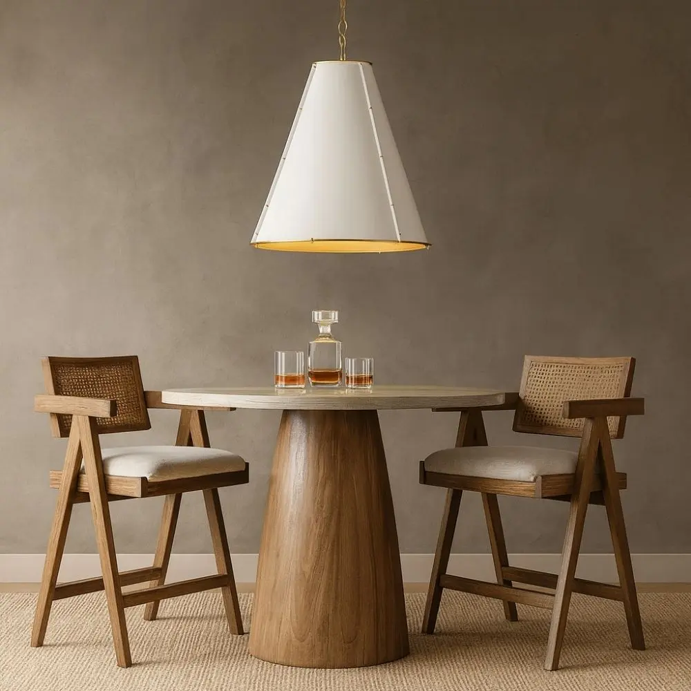 Regina Andrew French Maid Chandelier Large in white with oversized conical shade and brass accents.