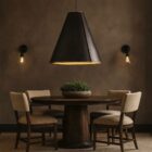 Regina Andrew French Maid Chandelier in black with conical shade and brass accents.