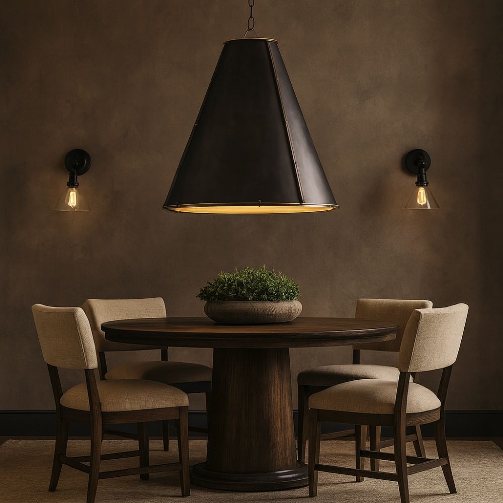 Regina Andrew French Maid Chandelier in black with conical shade and brass accents.