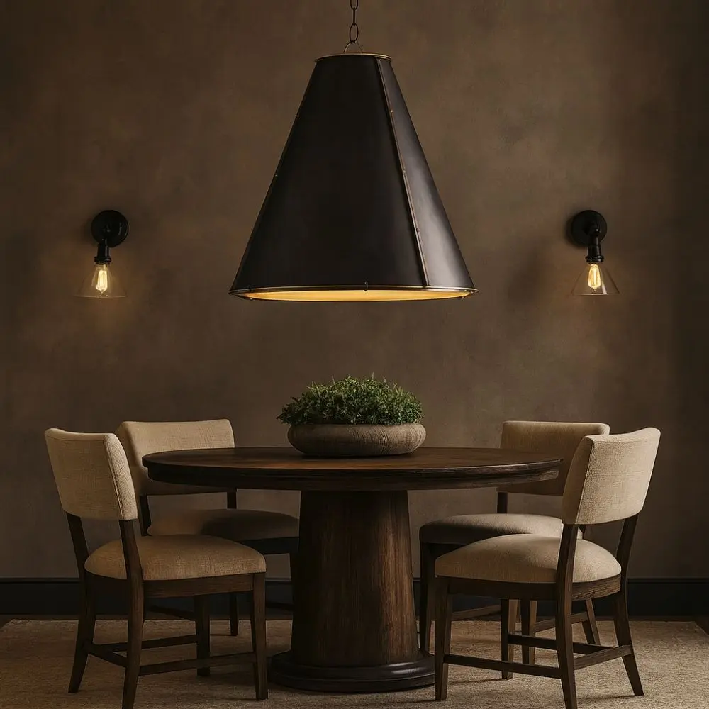 Regina Andrew French Maid Chandelier in black with conical shade and brass accents.