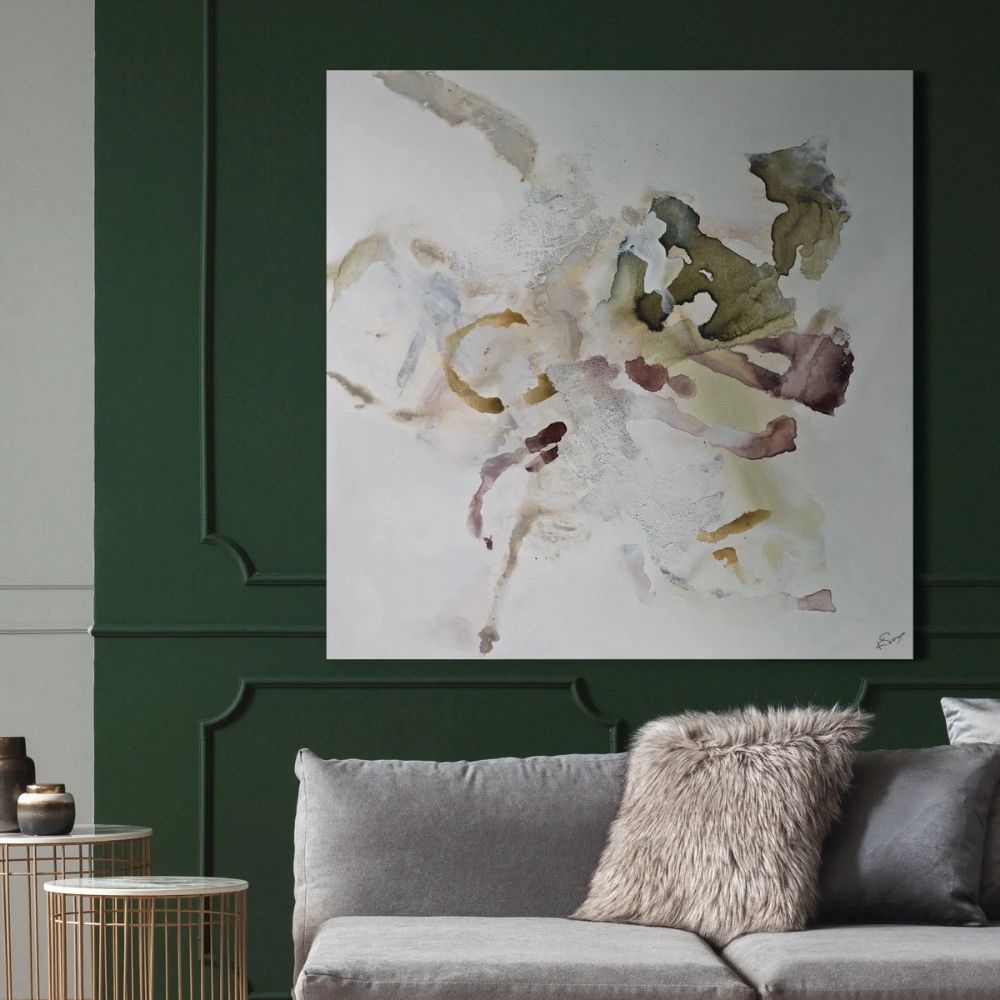 Abstract canvas art featuring soft washes of olive, rust, ochre, and white with layered texture and organic fluidity.