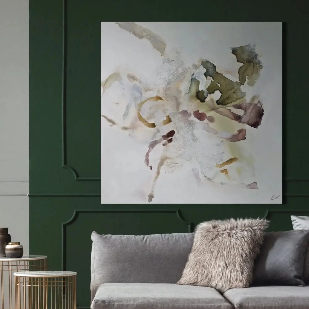 Abstract canvas art featuring soft washes of olive, rust, ochre, and white with layered texture and organic fluidity.