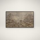 Framed canvas artwork featuring a soft, misty treetop landscape in muted earthy tones.
