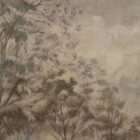 Framed canvas artwork featuring a soft, misty treetop landscape in muted earthy tones.