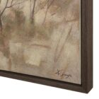 Framed canvas artwork featuring a soft, misty treetop landscape in muted earthy tones.