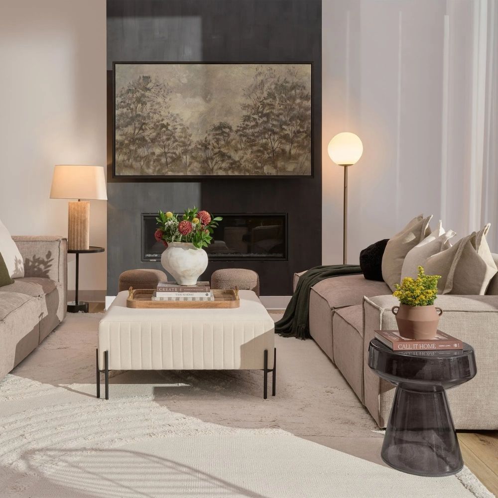 Framed canvas artwork featuring a soft, misty treetop landscape in muted earthy tones.