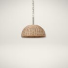 Natural rattan dome pendant light with brass-finished suspension chain.