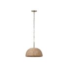 Natural rattan dome pendant light with brass-finished suspension chain.