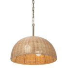 Natural rattan dome pendant light with brass-finished suspension chain.