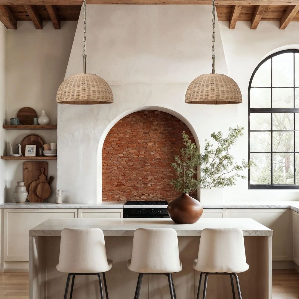 Natural rattan dome pendant light with brass-finished suspension chain.