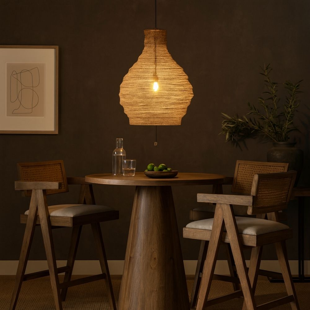 Sculptural wire pendant light in a natural brass tone.