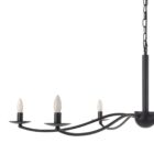 Black 8-arm chandelier with minimalist curved arms and exposed candelabra bulbs.