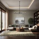 Black 8-arm chandelier with minimalist curved arms and exposed candelabra bulbs.