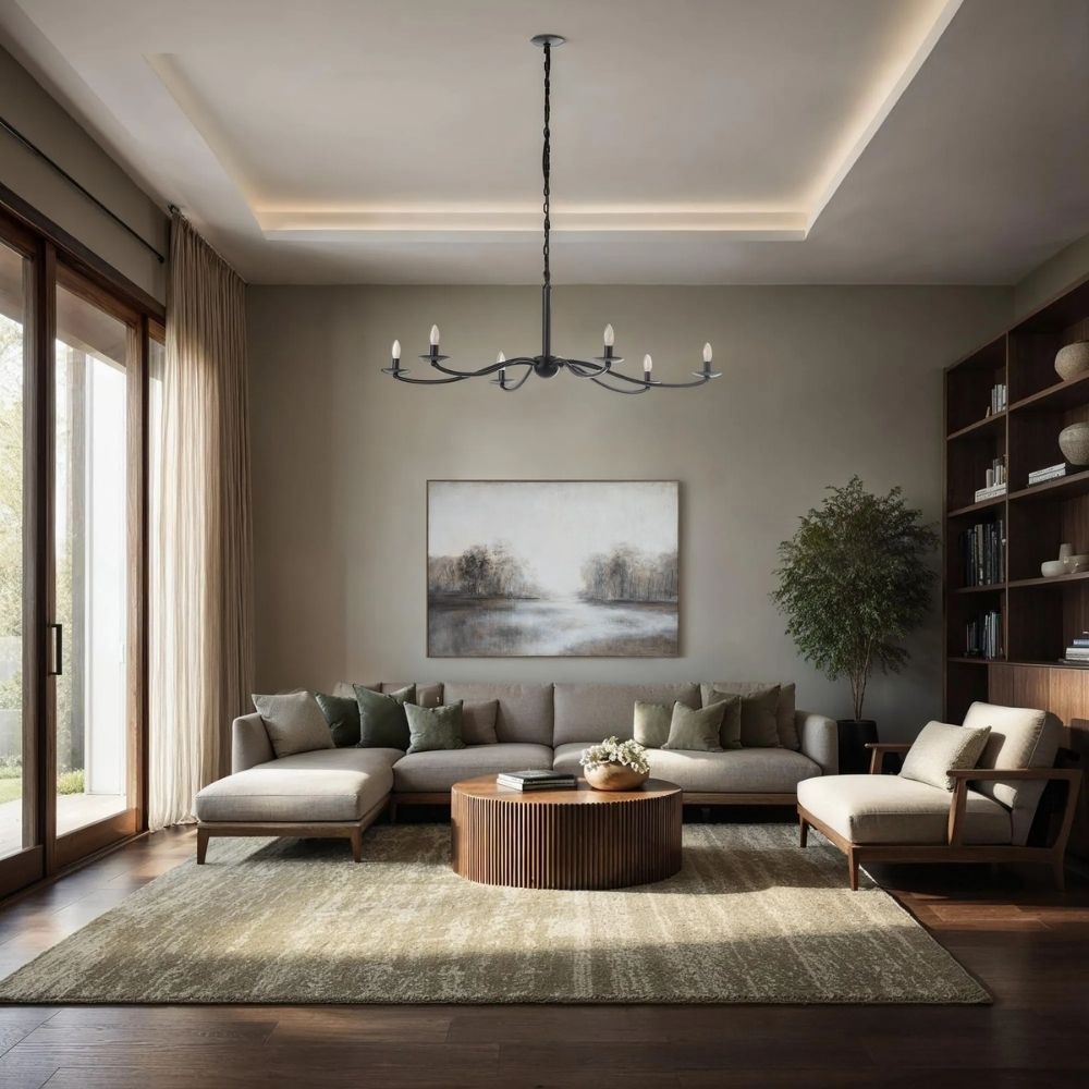 Black 8-arm chandelier with minimalist curved arms and exposed candelabra bulbs.