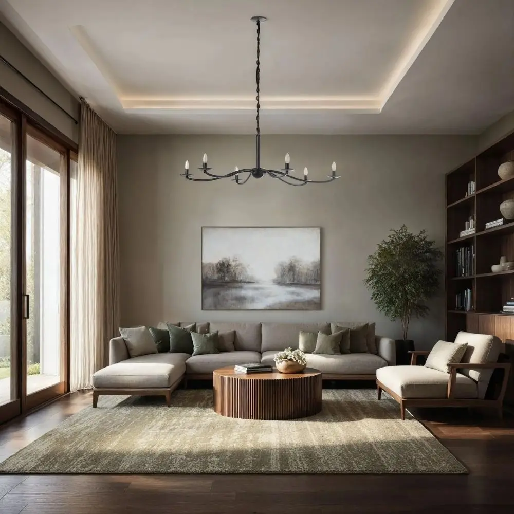 Black 8-arm chandelier with minimalist curved arms and exposed candelabra bulbs.