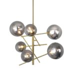 Modern gold chandelier with staggered rods and smoky mirrored glass globe shades