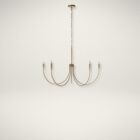 Brushed brass six-arm chandelier with curved arms and minimalist candelabra bulbs.