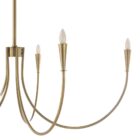 Brushed brass six-arm chandelier with curved arms and minimalist candelabra bulbs.