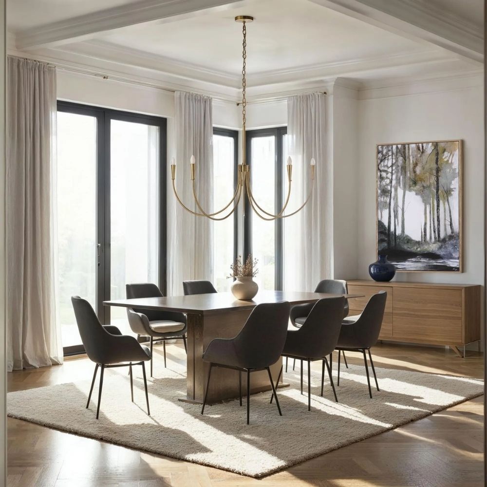 Brushed brass six-arm chandelier with curved arms and minimalist candelabra bulbs.