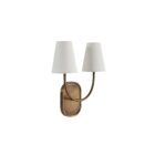 Double-arm wall sconce with antique brass finish and white fabric shades.