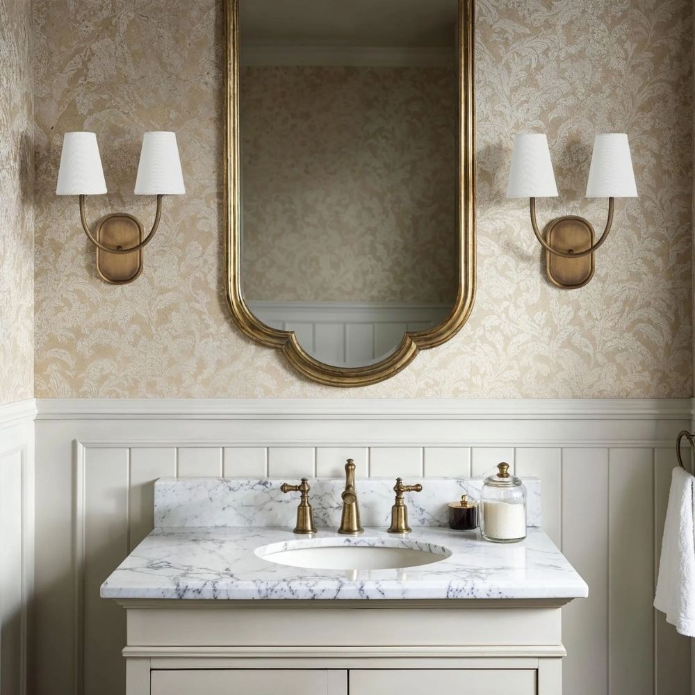 Double-arm wall sconce with antique brass finish and white fabric shades.