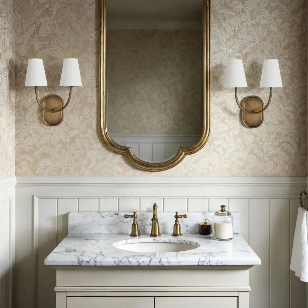 Double-arm wall sconce with antique brass finish and white fabric shades.