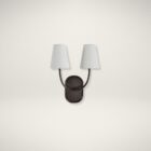 Double-arm wall sconce with white tapered shades and oil-rubbed bronze finish.