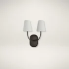 Double-arm wall sconce with white tapered shades and oil-rubbed bronze finish.