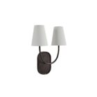 Double-arm wall sconce with white tapered shades and oil-rubbed bronze finish.