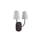 Double-arm wall sconce with white tapered shades and oil-rubbed bronze finish.