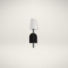 Black metal wall sconce with white tapered fabric shade and arched backplate.