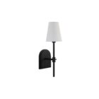 Black metal wall sconce with white tapered fabric shade and arched backplate.