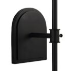 Black metal wall sconce with white tapered fabric shade and arched backplate.