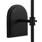 Black metal wall sconce with white tapered fabric shade and arched backplate.