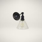 Vintage-style wall sconce with clear glass cone shade and matte black base.