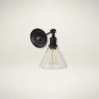 Vintage-style wall sconce with clear glass cone shade and matte black base.