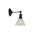 Vintage-style wall sconce with clear glass cone shade and matte black base.