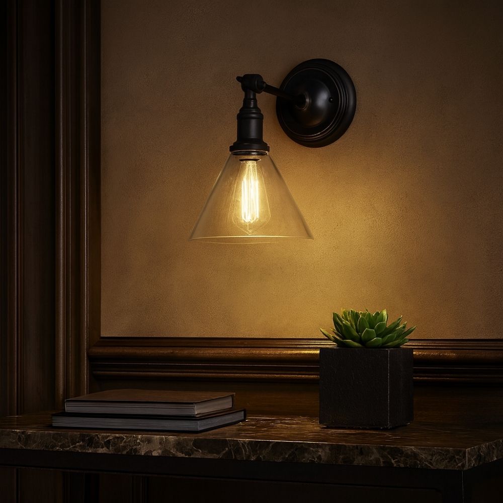 Vintage-style wall sconce with clear glass cone shade and matte black base.